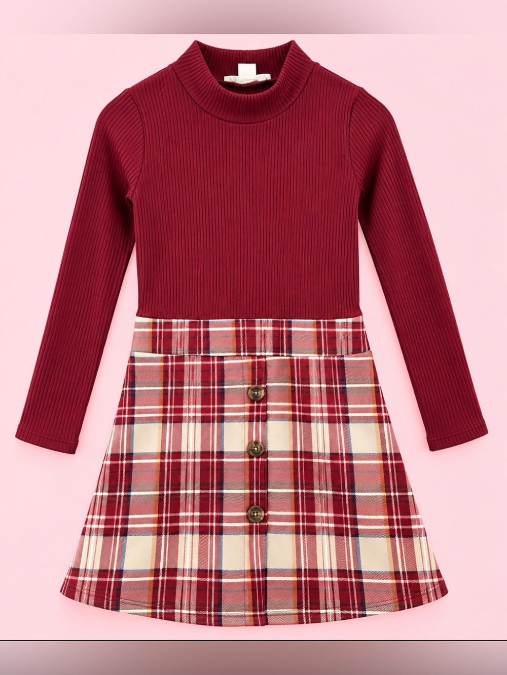 Knitworks Girls Size 10-12 Burgundy Plaid Long Sleeve Dress
